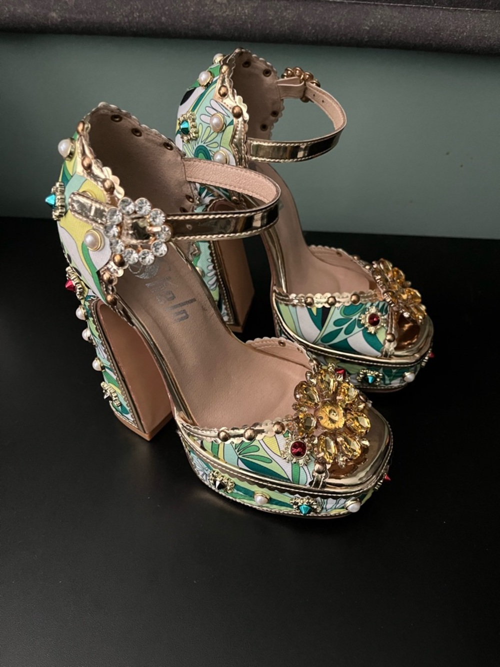 SHEIN Green Floral Jeweled Platform Heels
